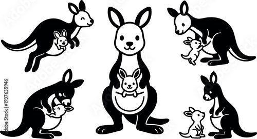 Flat design kangaroo family with joey in pouch standing and looking forward silhouettes black and white cute minimal vector art