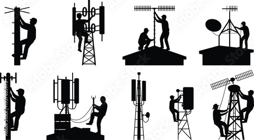 Black silhouette set of technicians climbing and repairing telecommunication towers and antennas, isolated vector icons for communication and infrastructure concepts.