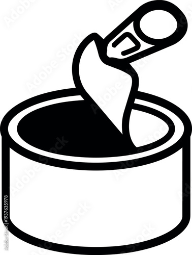 Line art minimalist close up opened can with peeled lid and pull tab viewed from slight angle round kitchen icon