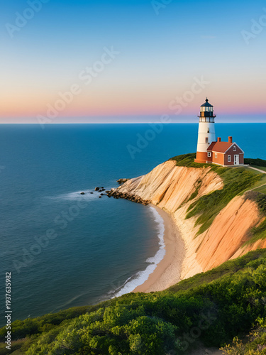 Panorama of a Gay Head lighthouse on a cliff in Aquinnah, Marthas Vineyard