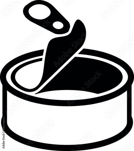 Flat design close up open tin can with peeled lid and visible contents top view simple black minimalist vector silhouette