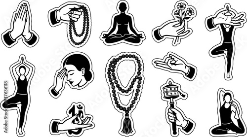 Yoga and meditation sticker set featuring hands mudras and spiritual symbols vector illustration