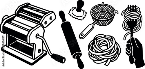 Line art close up pasta machine rolling pin and pasta tools with hand twirling spaghetti on white minimalist vector illustration