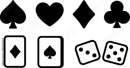 Flat design bold black card suit dice icons top view playing card spade heart diamond club minimal vector set isolated