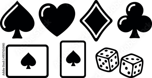 Flat design playing card suit icons with three quarter dice view bold black outlines on white background close up