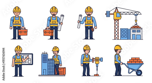construction worker set with tools and building elements.