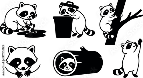 Flat design raccoon icon set six poses cleaning climbing reaching peeking in log sneaking with trash can playful monochrome vector
