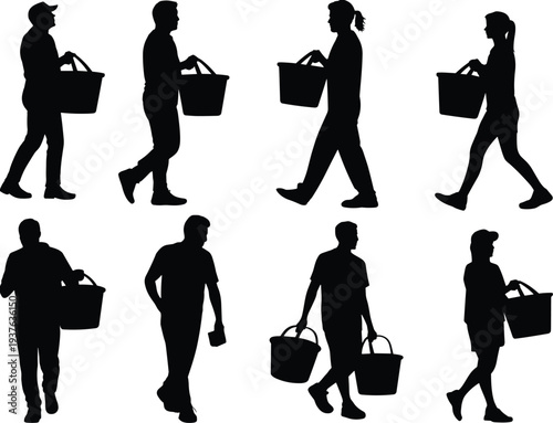 Black silhouette set of people carrying shopping baskets and buckets, isolated vector icons for retail, grocery, and household chores concepts.