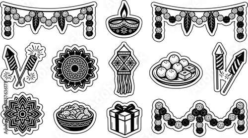 Black and white Diwali festival icons set with diya and firecrackers vector illustration