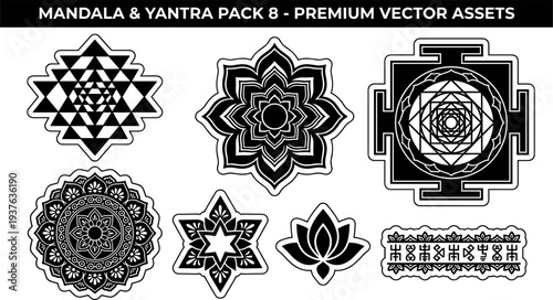 Black and white sacred geometry mandala and yantra sticker set vector illustration