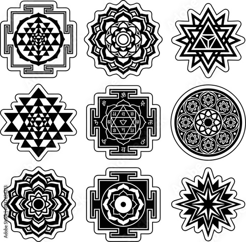 Collection of nine black and white sacred geometry yantra symbols vector illustration