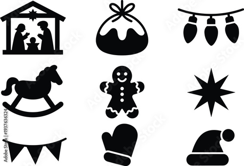 Christmas holiday icon set with nativity scene, gingerbread man, rocking horse, and winter symbols, black vector silhouettes for seasonal decorations.