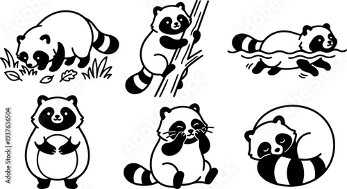 Line art vector raccoon icon set six poses sniffing climbing swimming standing sitting sleeping playful minimalist black and white cute