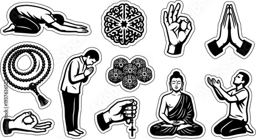 Collection of spiritual meditation and prayer icons with religious symbols vector illustration
