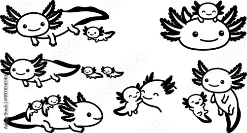 Cute line art axolotl family swimming with smiling parent and two small babies side view playful black white bold outline