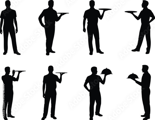 Professional Waiter Silhouette Collection, Male Servers Holding Trays and Food Platters, Vector Flat Illustration for Restaurant Service and Catering Industry