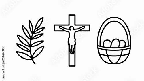 Easter symbols crucifix palm branch and basket with eggs on white background