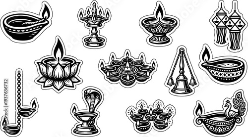 Diwali diya oil lamp sticker set with traditional Indian festival symbols vector illustration