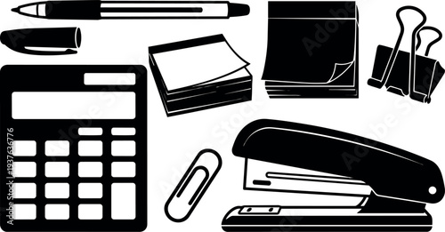 Flat design black silhouette office supplies top view stapler calculator pen paperclip binder clips sticky notes close up minimalist vector