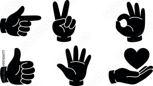 Flat design set of six black hand gesture icons showing pointing peace ok thumbs up open palm and heart symbol