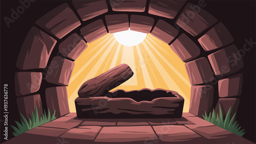 Tomb with rolled away stone sunlight shining through symbolizing hope and renewal in a serene landscape