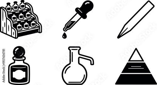Line art icon set close up of perfume bottles pipette dropper glass flask retail display shelf pyramid minimal black outline