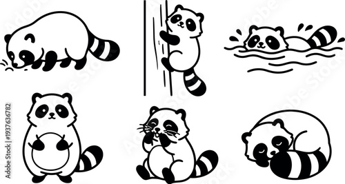 Line art cute raccoon icons showing sniffing climbing swimming sitting curled sleeping and playful poses in black and white vector