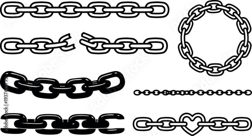 Line art chain icons set showing multiple chain links variations broken link heart linked circle bold outline straight curved closeup