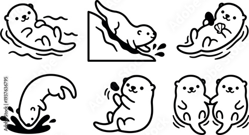 Line art otter icon set six playful poses holding shell diving splashing floating pair simple black stroke vector flat design