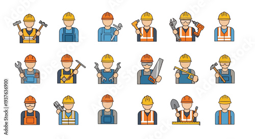 Construction Workers with Tools Set.