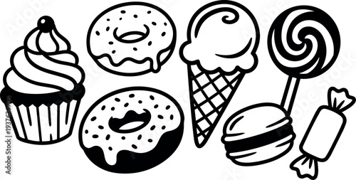 Line art playful sweet icons cupcake donut ice cream cone lollipop macaron wrapped candy close up top view black outline