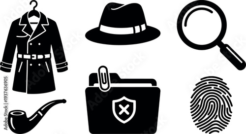 Flat design close up detective icons trench coat fedora magnifying glass smoking pipe secure folder fingerprint set black silhouette vector