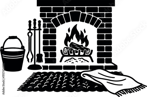 Vector silhouette view brick fireplace with burning logs rug blanket bucket and fireplace tools cozy warm homely scene low angle