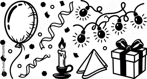 Line art party icon set with balloon gift candle napkin string lights confetti streamer hand drawn flat vector elements black