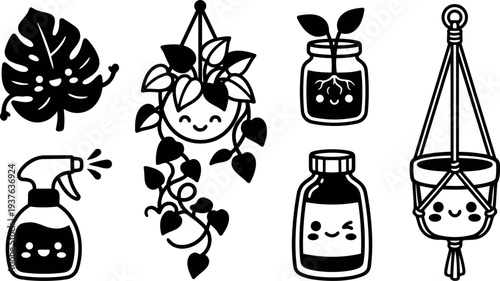 Kawaii hanging plant vector flat design smiling planter with trailing heart leaves close up black line art cute face icons