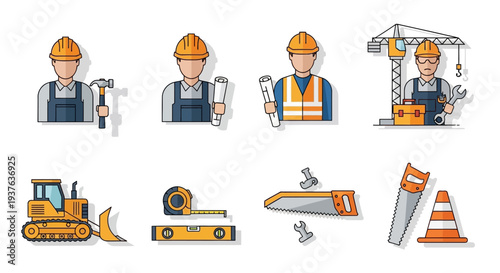 Construction workers and equipment icons set.
