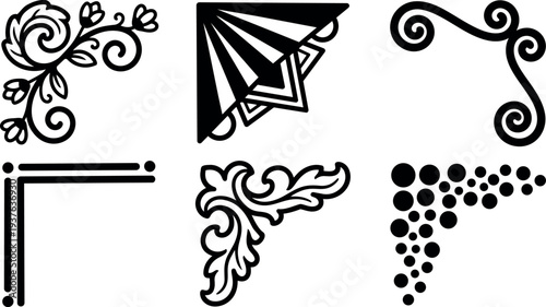 Ornamental vector corner set flat design six black decorative flourishes inlay motifs for frames borders close up vintage elegant silhouette