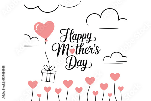 Happy mother's day greeting card with heart balloons and gift