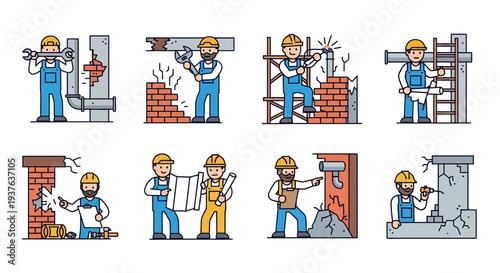 Construction workers renovation demolition set cartoon.