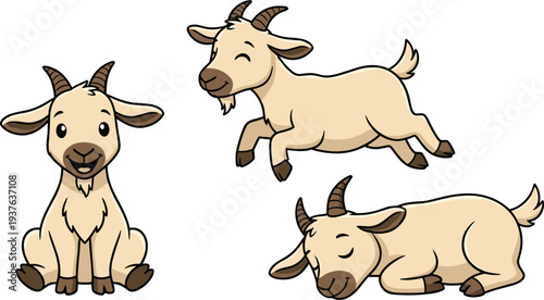 Cartoon goats in different poses beige brown animals