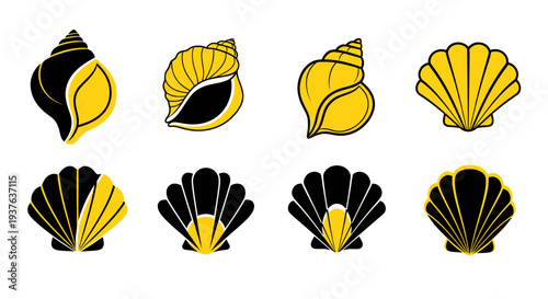 Set of stylized black and yellow seashells and scallops on white background