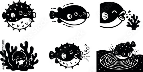 Flat design kawaii pufferfish icons smiling in various poses close up coral bubble blowing marine vector set black white cute