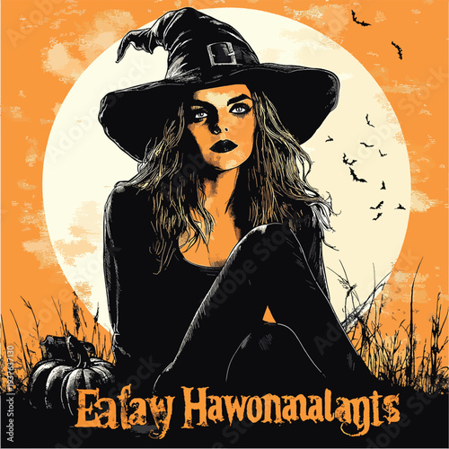 Spooky Halloween Witch with Long Hair and Hat.