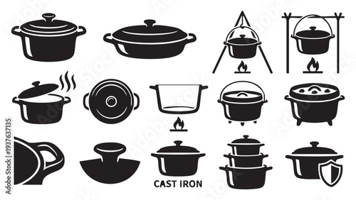 Set of black silhouette cast iron pot and dutch oven icon logo isolated on white background. for food cooking kitchen design concept. vector illustration.