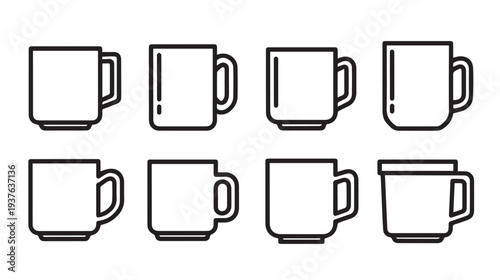 Collection of Eight Simple Line Art Coffee Mugs and Cups Isolated on White Background