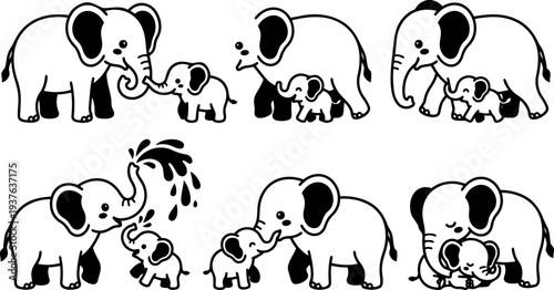 Cute vector art mother elephant touching baby with trunk multiple playful poses in black and white outline style simple iconic