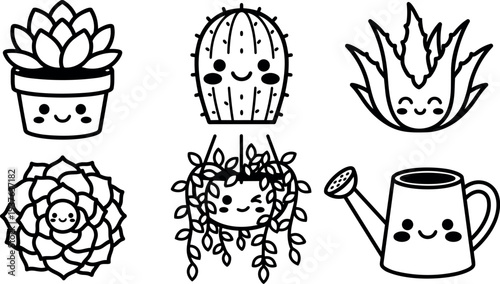 Kawaii line art close up six succulent and cactus icons with smiling faces holding watering can front view simple pots