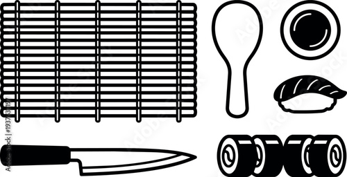 Flat vector sushi with bamboo rolling mat chef knife rice paddle soy sauce dish nigiri and maki rolls top view