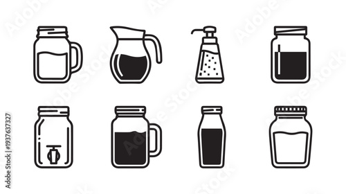 Collection of Glass Jars and Pitchers Line Art Icons Various Containers