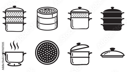 Food steamer and cooking pot vector icon set multi-tiered kitchenware illustration